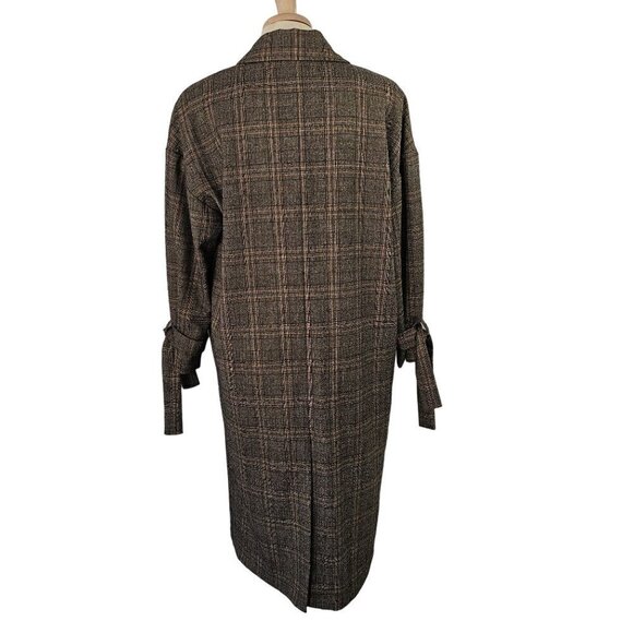 Reset by Jane Mallory Plaid Coat Women S Belt Tie Sleeves Woven Poly Blend Brown - Picture 3 of 10